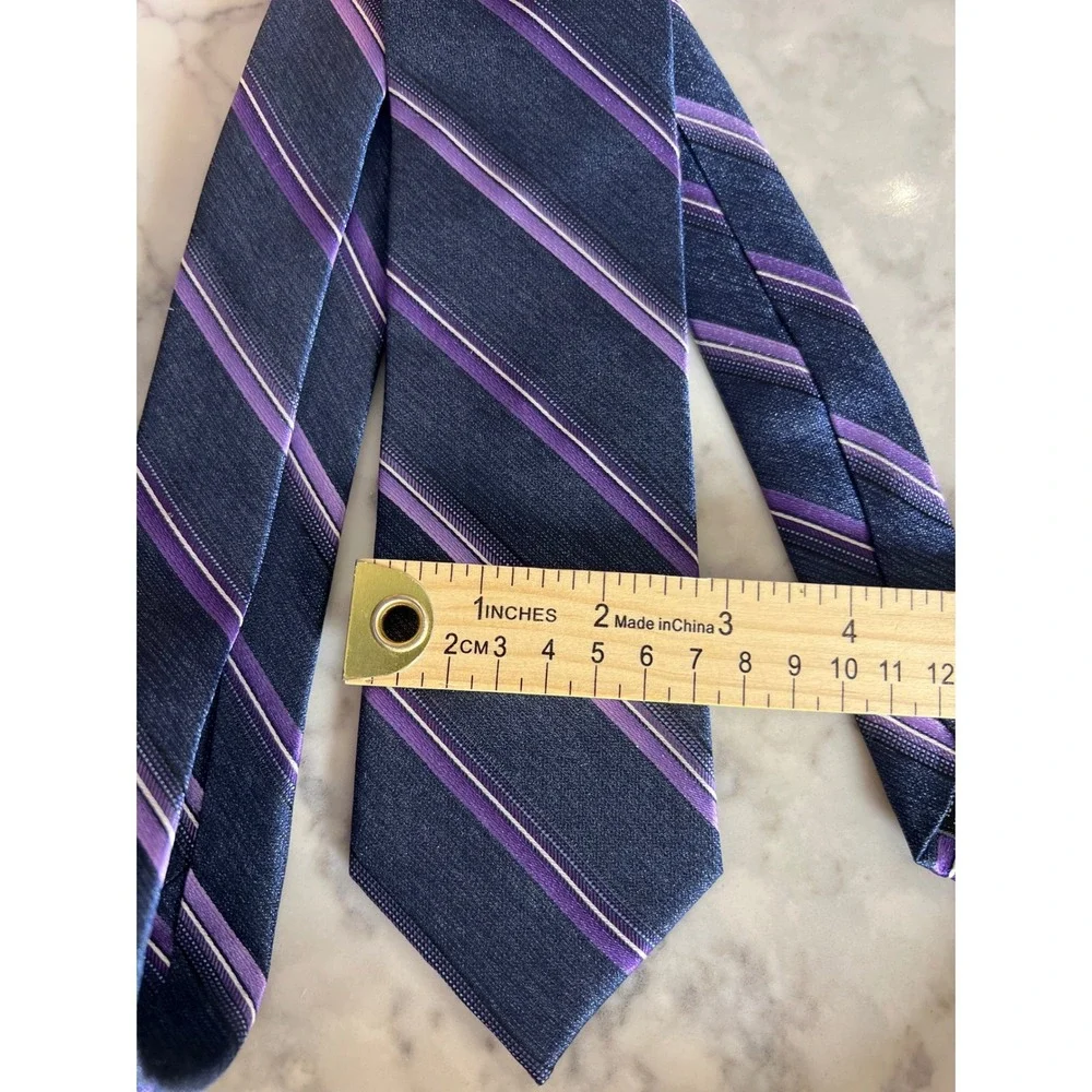 Pronto Uomo Platinum Purple Navy Striped 100% Silk Tie Mens Techno Care MSRP $60